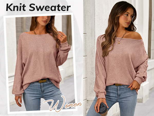 women''s long sleeve sweaters tops for women 2024 off the shoulder sweaters knit ribbed sweatshirts