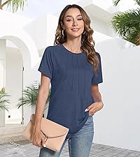 YSYOKOW Womens Summer Tops Casual Short Sleeve Shirts Dressy Blouses Trendy Pleated Tunic