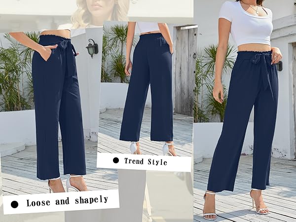 YSYOKOW Women Wide Leg Casual Pants High Waisted Adjustable Tie Knot Loose Trouser with Pockets