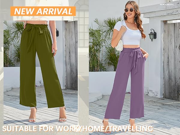 YSYOKOW Women Wide Leg Casual Pants High Waisted Adjustable Tie Knot Loose Trouser with Pockets