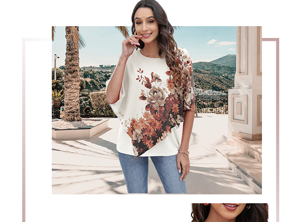 Casual Loose Round Neck Chiffon Flowy Tops Blouses for Women 