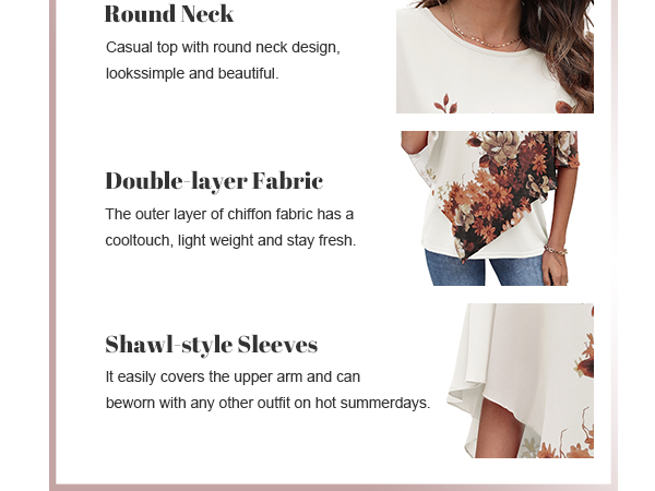 Casual Loose Round Neck Chiffon Flowy Tops Blouses for Women 