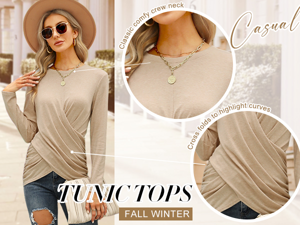 Long Sleeve Tee Shirts for Women Loose Fit Solid Womens Tunic Tops