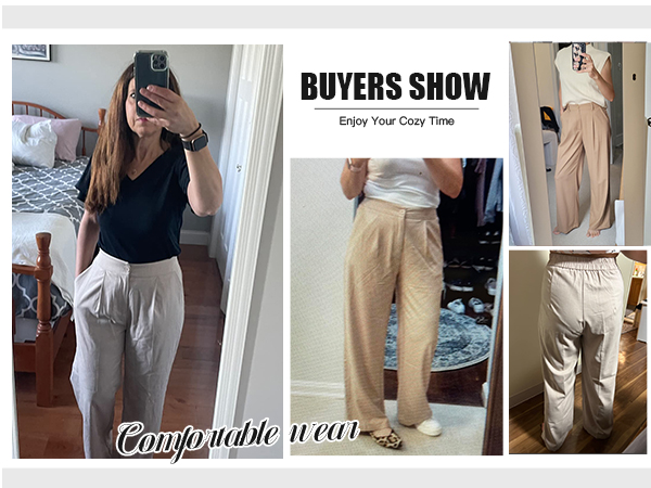 Women Wide Leg High Waist Linen Pants Back Elastic Waist Work Casual Trousers