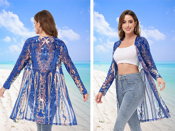 Summer Beach Cover Up Glitter Lace Kimono Coat Dress