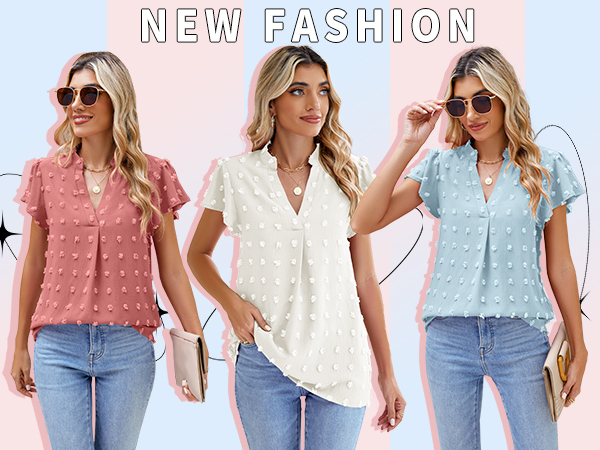 Short Sleeve Blouses V Neck Dressy Eyelet Tops for women