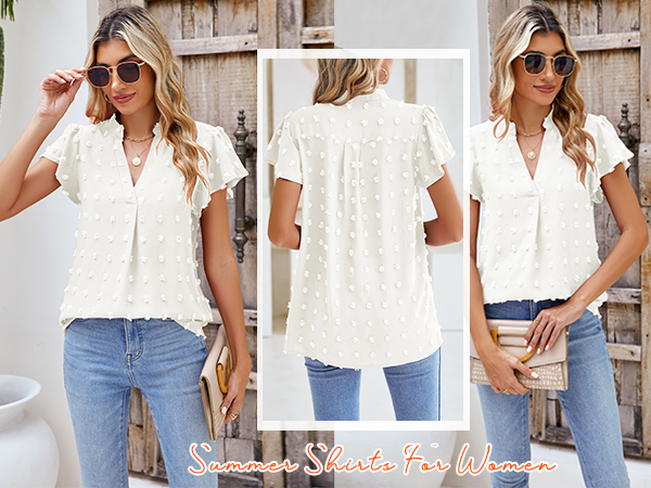 Short Sleeve Flowy Ruffle Sleeve Cute Shirts For Women