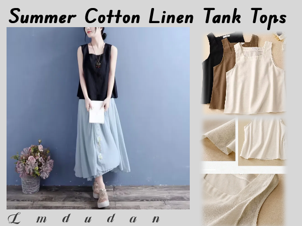 Summer Cotton Linen Tank Tops Women Sleeveless Square Neck Tees Shirts Elegant Comfy Blouses