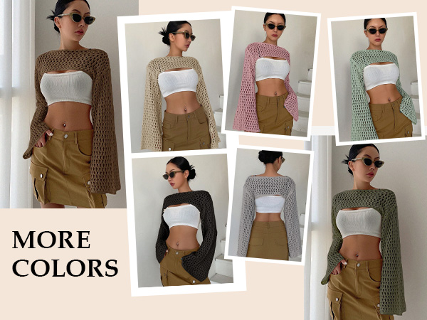 Hollow Out Crochet Top Knit Long Sleeve Cropped Shrug Sweater Y2k Tops