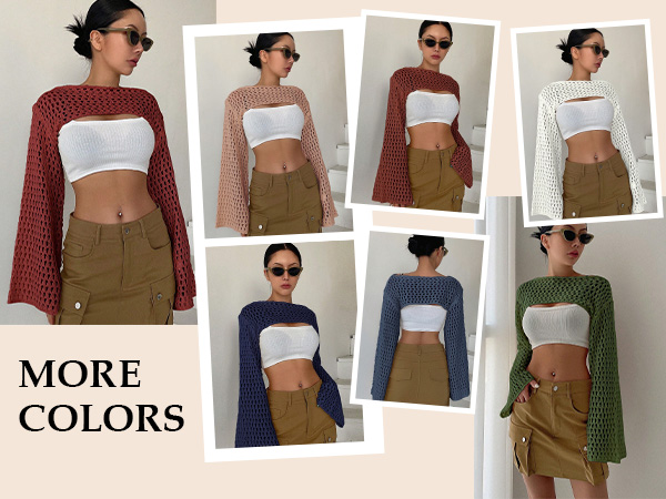 Hollow Out Crochet Top Knit Long Sleeve Cropped Shrug Sweater Y2k Tops