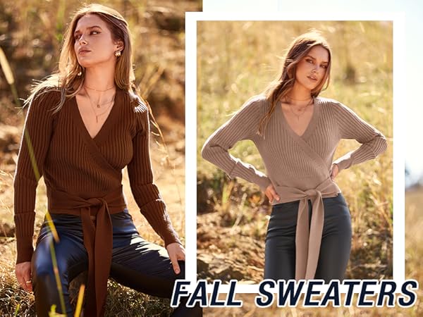 casual tie front sweater womens wrap v neck tops long sleeve sweaters ribbed knit sweaters