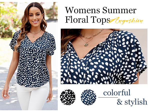 Women''s Summer Tops Casual Floral Print V Neck Ruffle Short Sleeve Loose Tunic