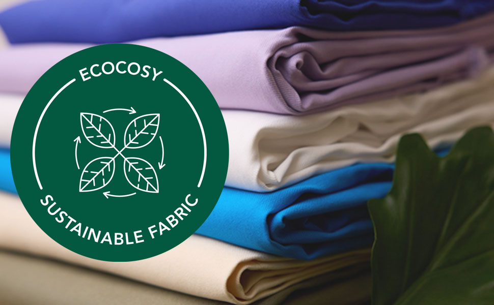 Image showing Ecocosy icon and fabric pile in the background with a leaf