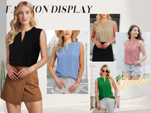 soft versatile solid sleeveless work fashion summer dressy pleated tank tops blouses 2024