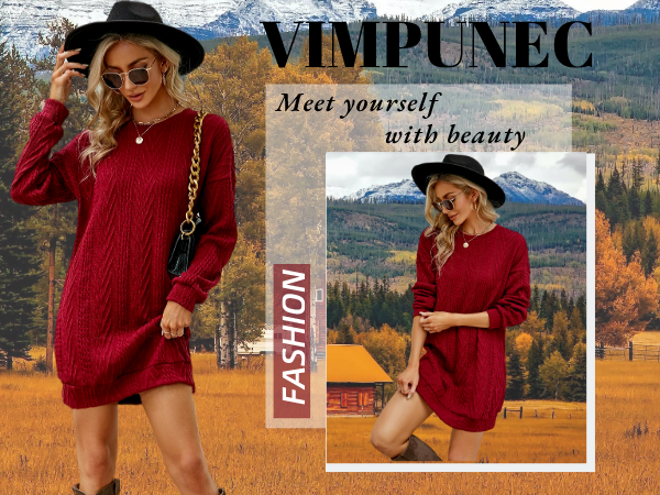 VIMPUNEC Women Crewneck Cable Knit Sweater Dress Long Sleeve Oversized Casual Pullover Dress