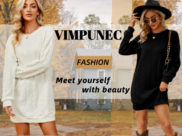 VIMPUNEC Women Crewneck Cable Knit Sweater Dress Long Sleeve Oversized Casual Pullover Dress