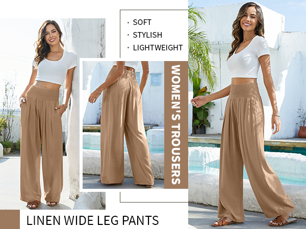 Women’s Linen Palazzo Pants Wide Leg High Waist Casual Lounge Pants with Pockets