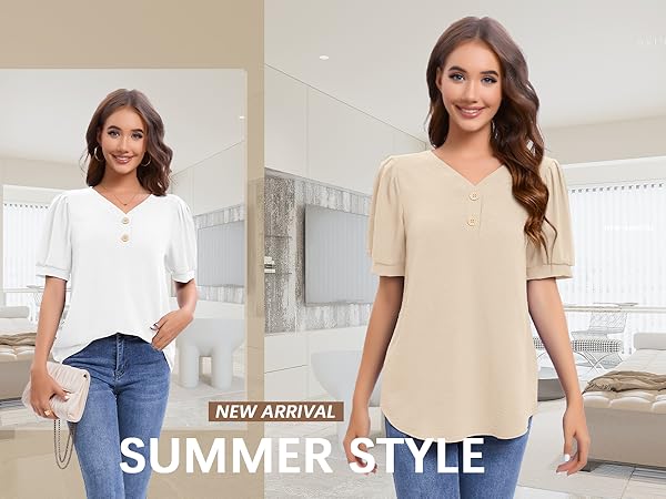 NILOUFO Womens Summer Casual T Shirts Puff Short Sleeve Tops V Neck Trendy Blouses Tunic