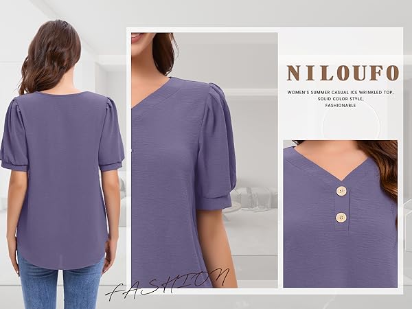 NILOUFO Womens Summer Casual T Shirts Puff Short Sleeve Tops V Neck Trendy Blouses Tunic