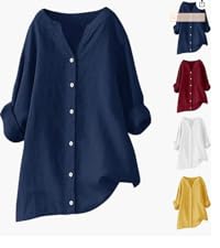 Womens Cotton Linen V Neck Button Down Shirts 