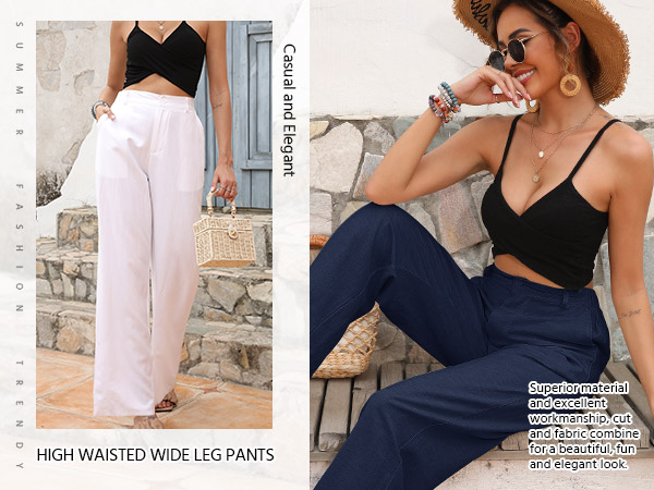 Casual Linen Straight Leg Pants For Women Elasticated Button High Waist Trousers with Side Pockets 