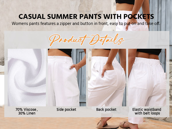 Linen Pants for Women Straight Wide Leg Flowy Pants High Waist Trousers Casual Summer Beach Pant