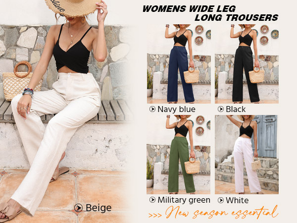 Casual Linen Straight Leg Pants For Women Elasticated Button High Waist Trousers with Side Pockets 