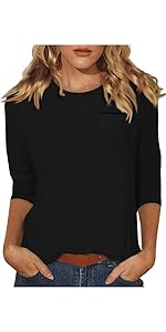 3/4 Length Sleeve Womens Tops Casual Loose Fit Crewneck T Shirts Cute Solid Summer Tops