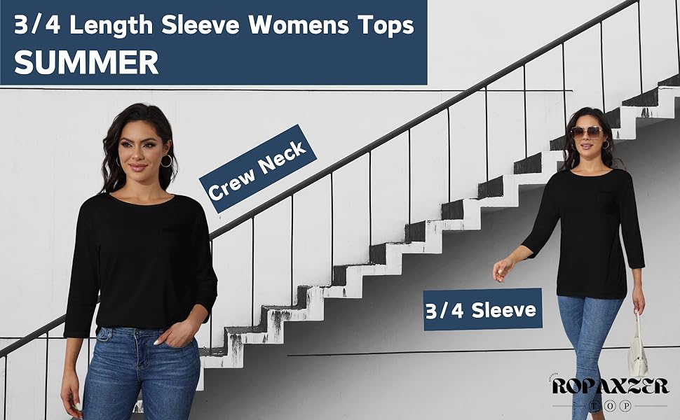 3/4 length sleeve womens tops