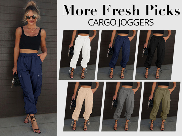 Cargo Pants High Waisted Baggy Parachute Pants Elastic Waist Adjustable Drawstring Nylon Trousers