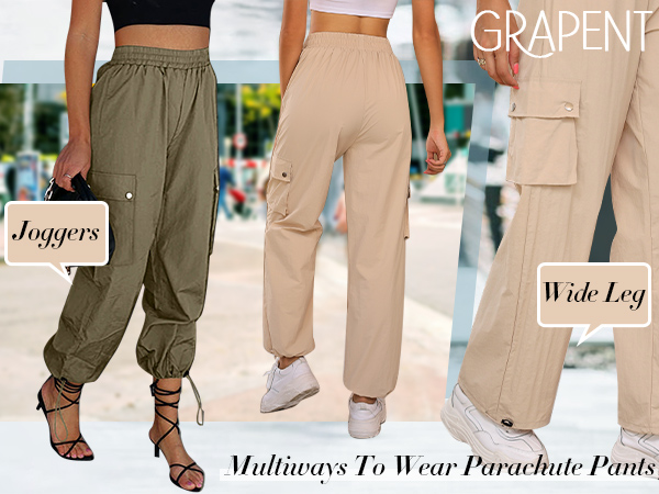 Cargo Pants High Waisted Baggy Parachute Pants Elastic Waist Adjustable Drawstring Nylon Trousers