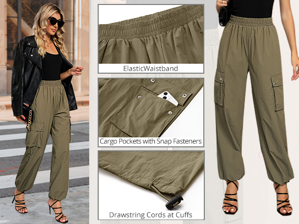 Cargo Pants High Waisted Baggy Parachute Pants Elastic Waist Adjustable Drawstring Nylon Trousers