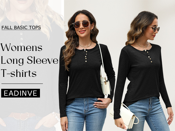 EADINVE Womens Crew Neck Long Sleeve Buttons Tops Fall Tshirts Tee