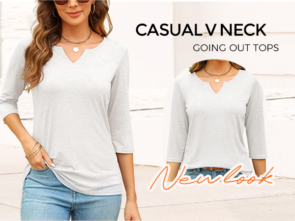 EADINVE Womens V Neck 3/4 Sleeve T-Shirts Solid Color Casual Basic Tops