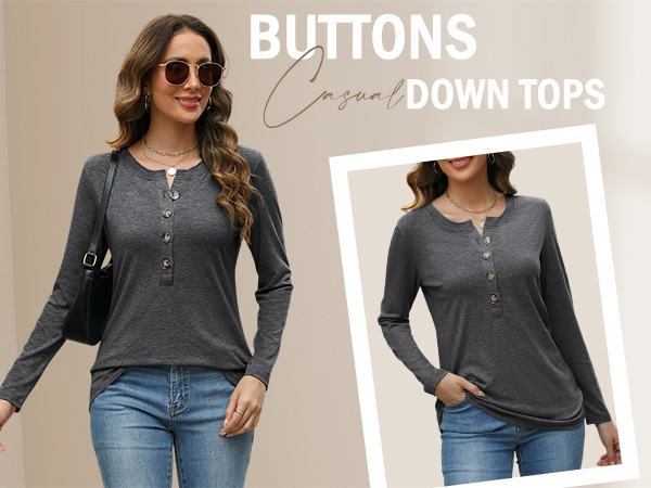 EADINVE Womens Crew Neck Long Sleeve Buttons Tops Fall Tshirts Tee