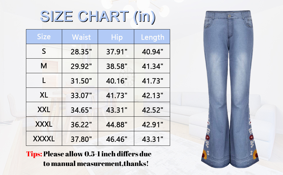 Womens High Waisted Bell Bottom Jeans SIZE CHART