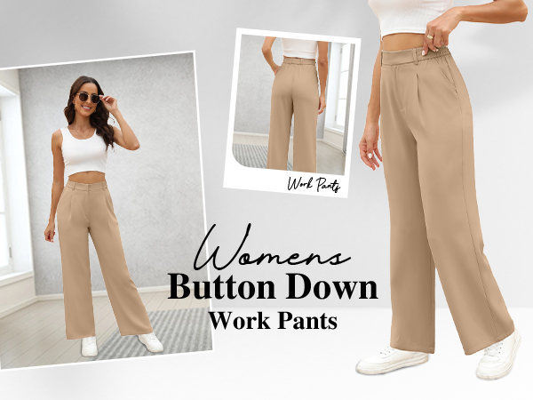 Women''s Casual Straight Leg Pants High Waisted Button Down Stretchy Business Work Trousers