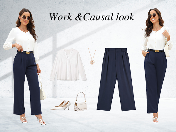 Womens Wide Leg Pants High Elastic Waisted in The Back Business Work Trousers