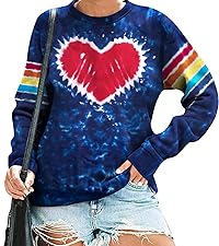 Valentines Day Sweatshirt for Rainbow Tie Dye Long Sleeve Shirt Heart Print Crewneck Pullover Tops