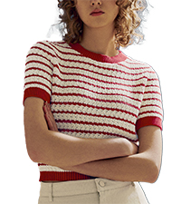 Red and White Striped Knit Short Sleeve Sweater