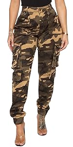 women camo jean jogger elastic waist cargo pants cuffed ankle