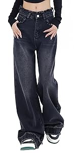 women wide leg straight baggy y2k high rise jeans frayed hem fashion denim pants