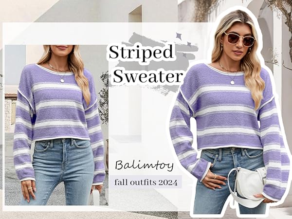 Striped Sweater Women Cropped Sweater Long Sleeve Off The Shoulder Oversized Knit Jumper Top