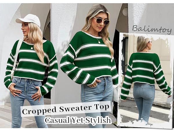 Striped Sweater Women Cropped Sweater Long Sleeve Off The Shoulder Oversized Knit Jumper Top