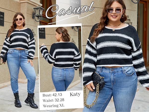 Striped Sweater Women Cropped Sweater Long Sleeve Off The Shoulder Oversized Knit Jumper Top