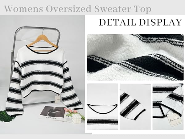 Striped Sweater Women Cropped Sweater Long Sleeve Off The Shoulder Oversized Knit Jumper Top