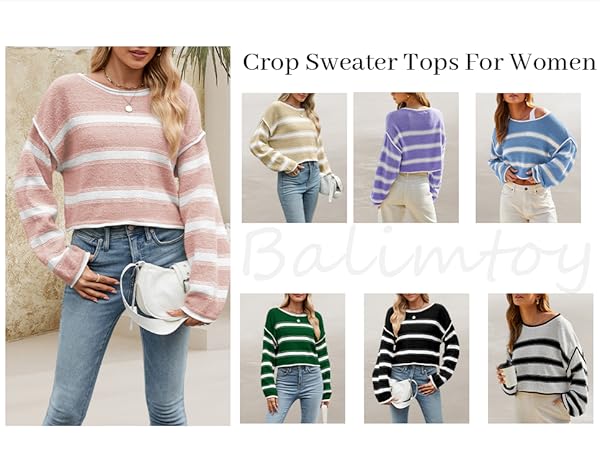 Striped Sweater Women Cropped Sweater Long Sleeve Off The Shoulder Oversized Knit Jumper Top