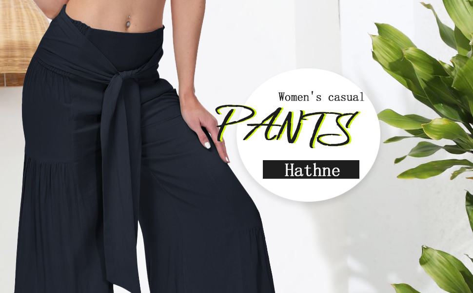 hathne Women''s High Waist Wide Leg Pant Tie Front Smocked Pant Casual Flowy Pants