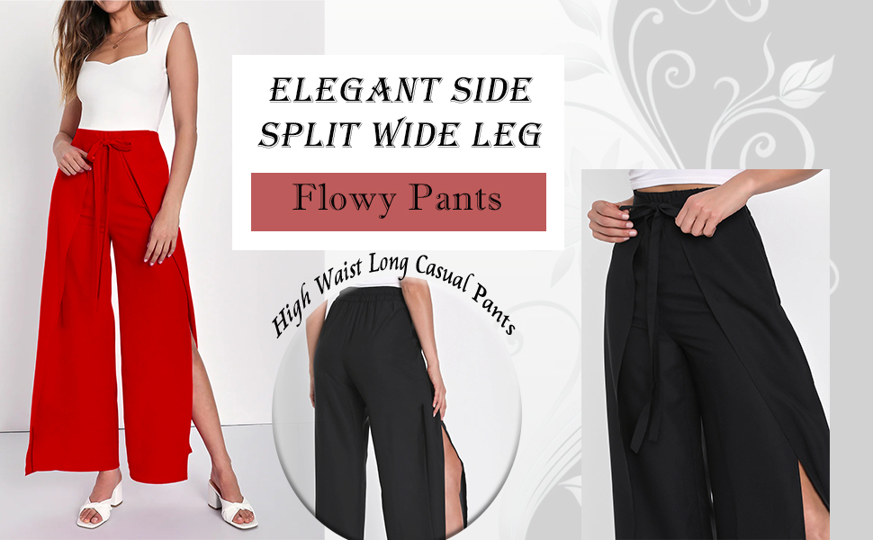 Women&#39;s High Waist Split Thigh Wide Leg Loose Fit Pants Trousers