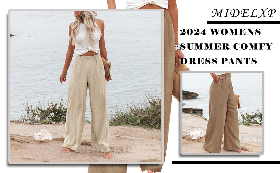 Linen Wide Leg Dress Pants Women Business Casual Elastic Waist Comfy Work Pants